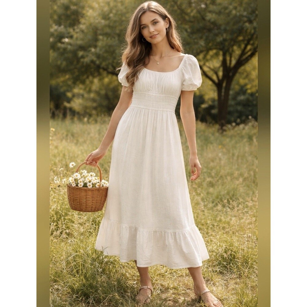 Milkmaid Midi Dress Linen Blend Size Small Cottage Smocked Sundress Cream Dainty